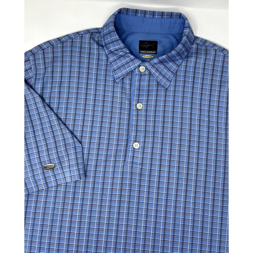Greg Norman Play Dry Mens Blue Red White Check Short Sleeve Polo Shirt Size‎ L